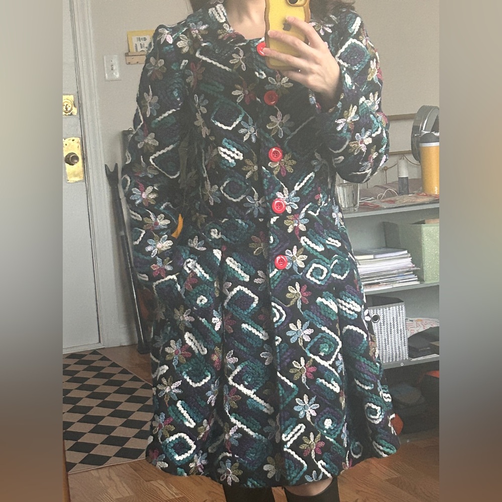 RARE Nick & Mo ModCloth Embroidered Coat with Red Buttons